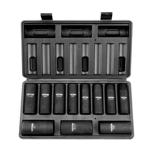 Drive Impact Socket Set, 11 Piece Deep Socket Set SAE , 6 Point CR-V Alloy Steel For Auto Repair, Easy-to-Read Size Markings, Rugged Construction, Includes Storage Case