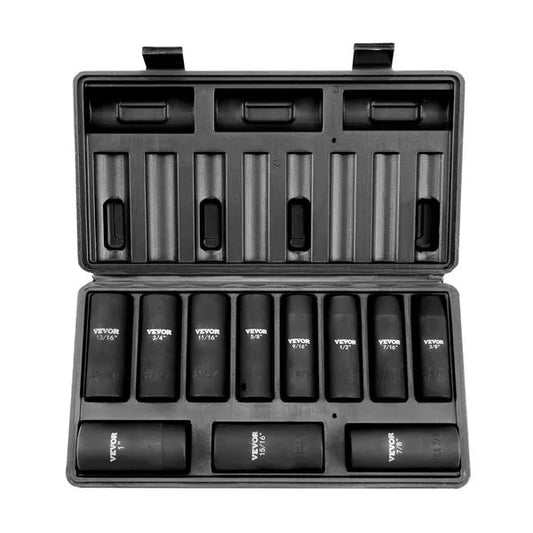 Drive Impact Socket Set, 11 Piece Deep Socket Set SAE , 6 Point CR-V Alloy Steel For Auto Repair, Easy-to-Read Size Markings, Rugged Construction, Includes Storage Case