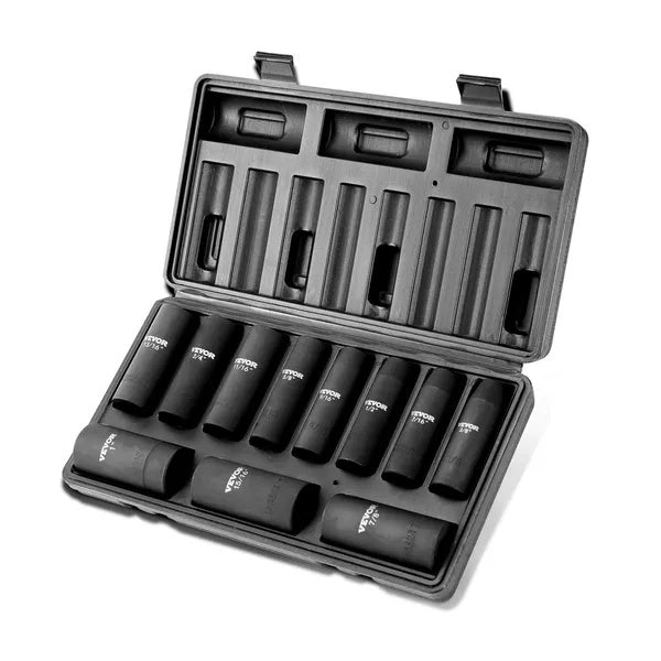 Drive Impact Socket Set, 11 Piece Deep Socket Set SAE , 6 Point CR-V Alloy Steel For Auto Repair, Easy-to-Read Size Markings, Rugged Construction, Includes Storage Case