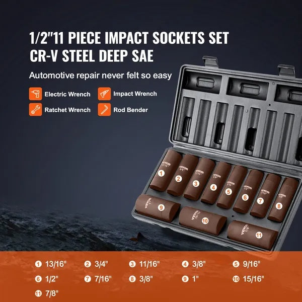 Drive Impact Socket Set, 11 Piece Deep Socket Set SAE , 6 Point CR-V Alloy Steel For Auto Repair, Easy-to-Read Size Markings, Rugged Construction, Includes Storage Case