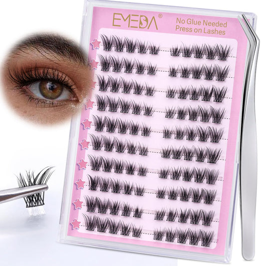 EMEDA Self Adhesive Eyelashes Kit Cat Eye No Glue Needed Self Adhesive Lash Clusters Press on Lashes 100pcs Cluster Eyelash Extensions Kit with Tweezers Self Adhesive Eyelashes Natural Look (ZK11)